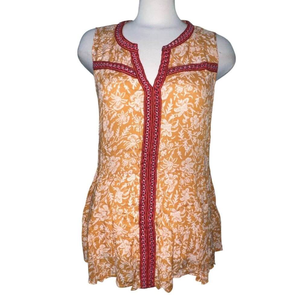 Democracy Sleeveless Boho Floral Top With Red Embroidery Trim Sz Large Womens